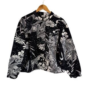 Chico's Floral Patchwork Jacket Size 3 XL Black White Cotton Art To Wear Boho